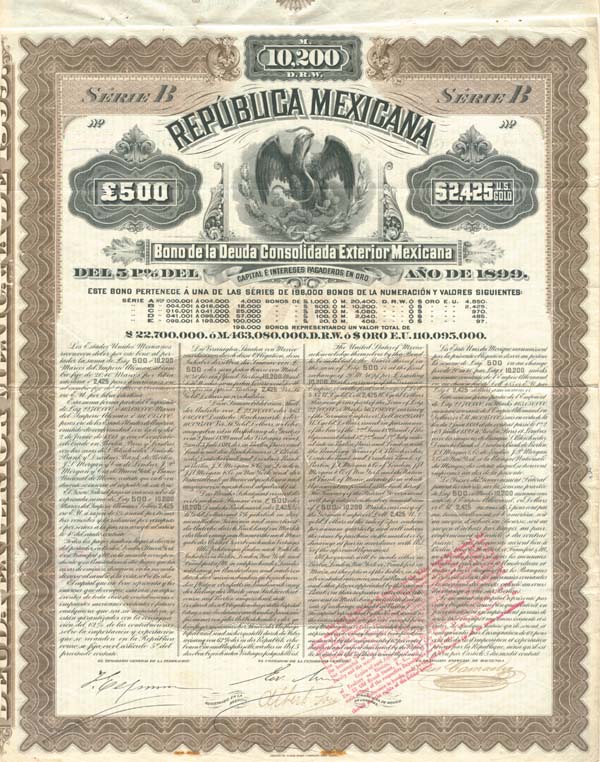 "Mexicana Brown" Republica Mexicana, Deuda Consolidada Exterior Del 5% de 1899, £500 British Pounds, $2,425 US GOLD